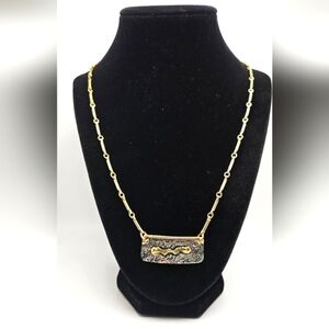 Brutalist Modernist Gold Silver Necklace Chain Pendant OOAK Vintage Brass Pewter